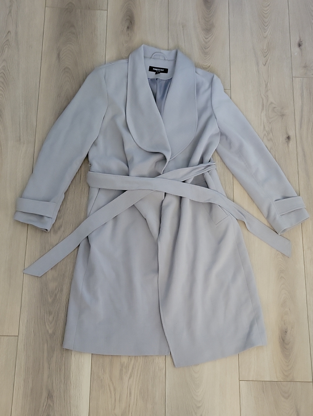 Kenneth Cole New York Pale Gray Wrap Trench Coat with Shawl Collar